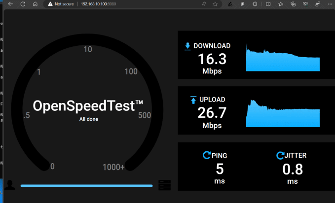 L2TP VPN 경유 속도 측정 — 다운로드 16.3Mbps, 업로드 26.7Mbps