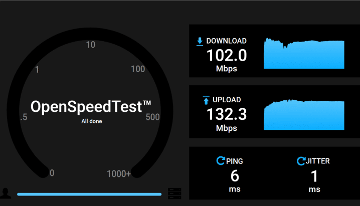 WireGuard VPN 경유 속도 측정 — 다운로드 102.0Mbps, 업로드 132.3Mbps